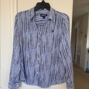 Lands' End Women’s Casual Blue and White Striped Shirt